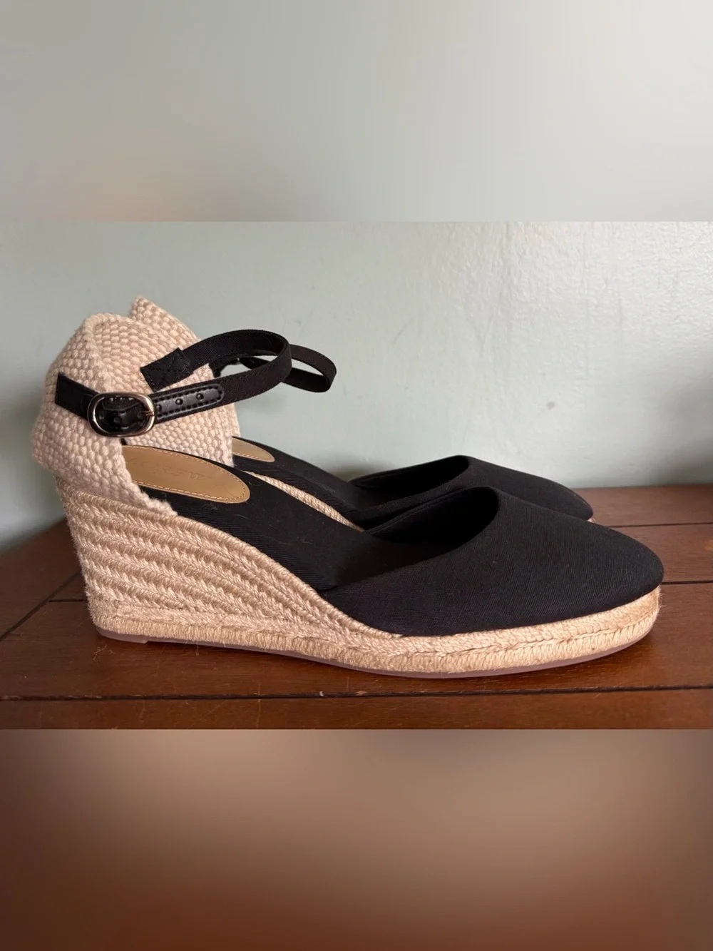 J Crew Black Ankle Strap Wedge Espadrille Sandals Size 9.5